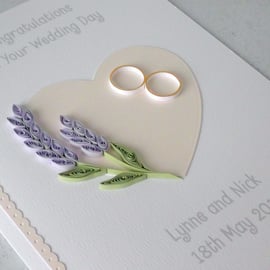 Wedding congratulations card - quilled, lavender, handmade, unique