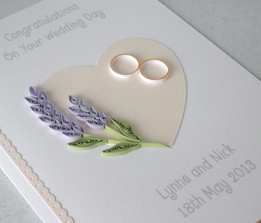 Wedding congratulations card - quilled, lavender, handmade, unique