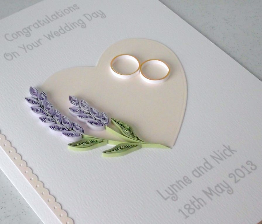 Wedding congratulations card - quilled, lavender, handmade, unique