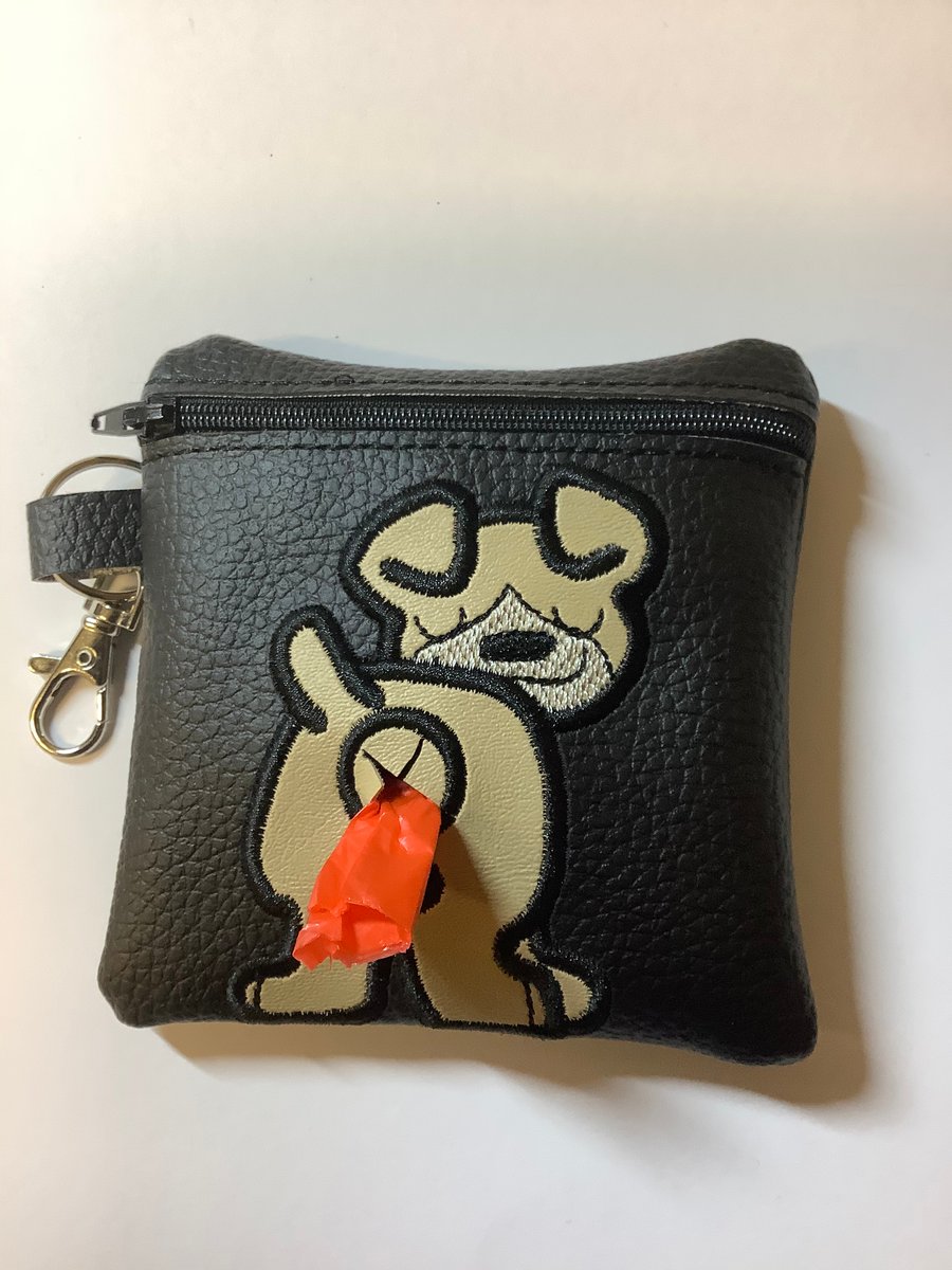 Embroidered Black  faux leather dog poo bag ,dog walking,