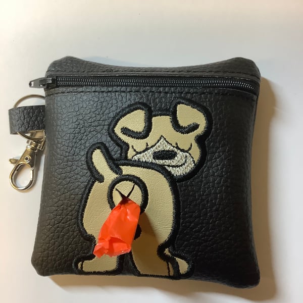 Embroidered Black  faux leather dog poo bag ,dog walking,
