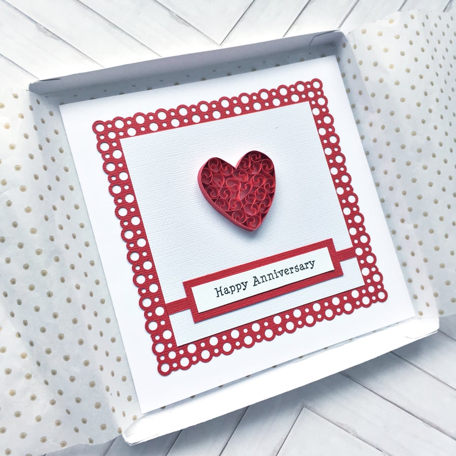 Wedding Anniversary card - quilled heart - Ruby wedding - boxed option