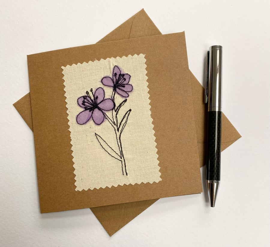 Purple flower embroidered any occasion recycled card. 