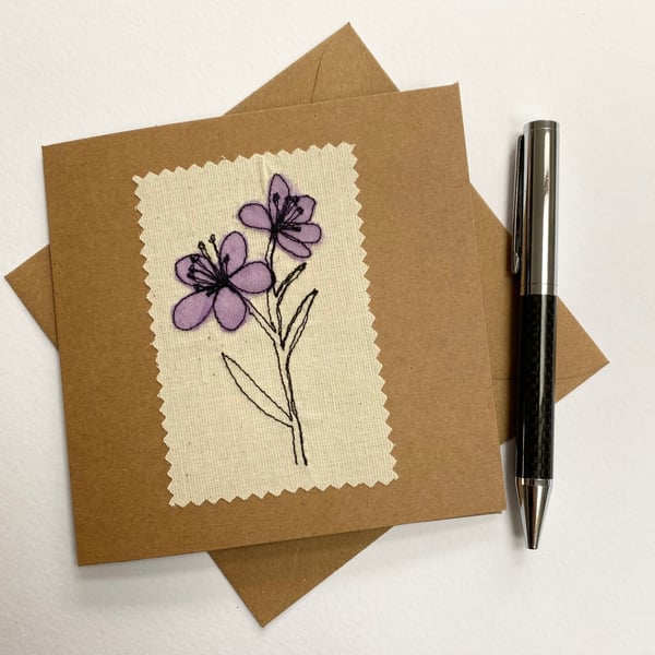 Purple flower embroidered any occasion recycled card. 