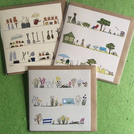 Pack of 3 greetings cards - Gardens. Gardening - Blank for your own message