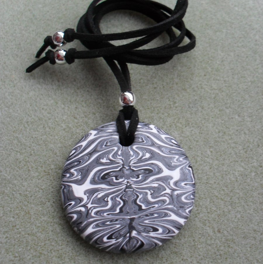 Round Polymer Cay Pendant Silver Black and White 