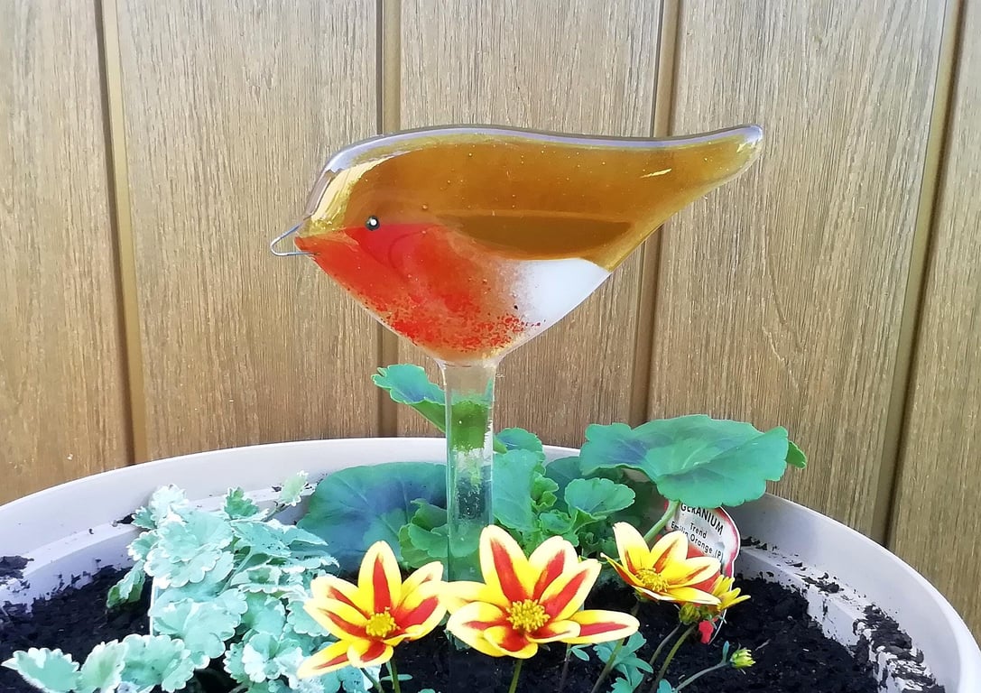 Fused Glass Robin Garden Stake: Plant Pot Decoration