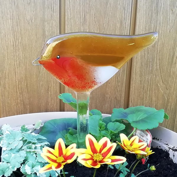 Fused Glass Robin Garden Stake: Plant Pot Decoration