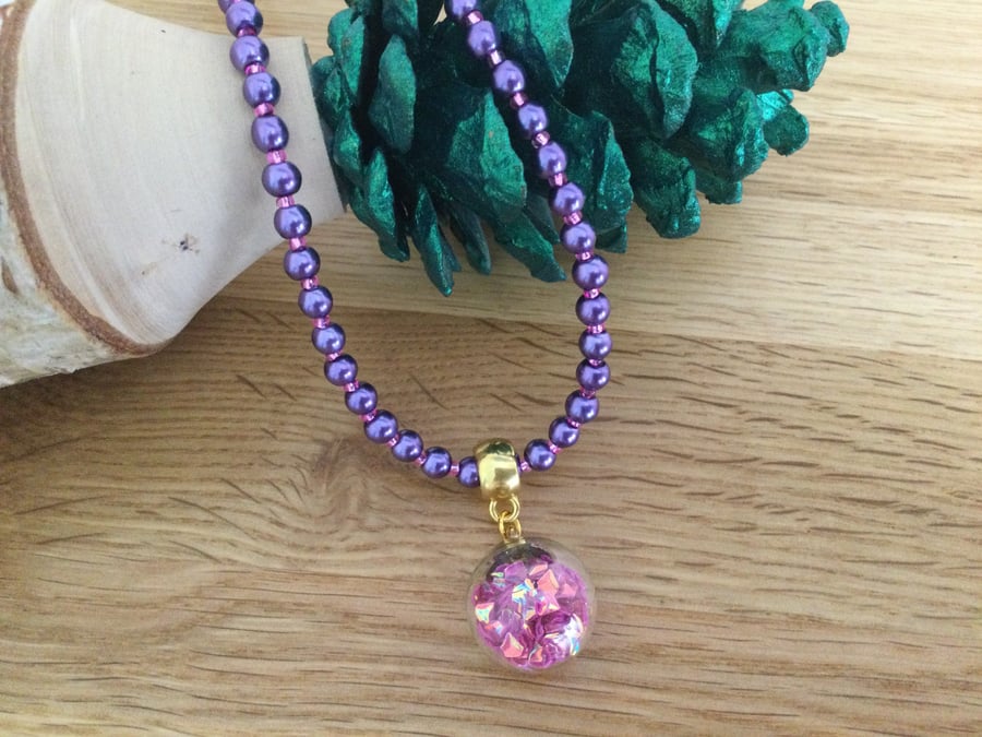Purple Pearl and Pink Glitter Ball Pendant Necklace