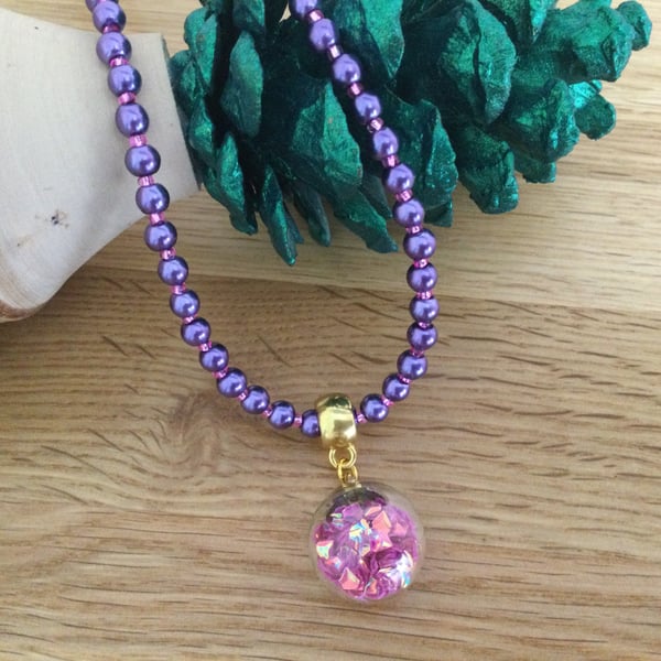 Purple Pearl and Pink Glitter Ball Pendant Necklace