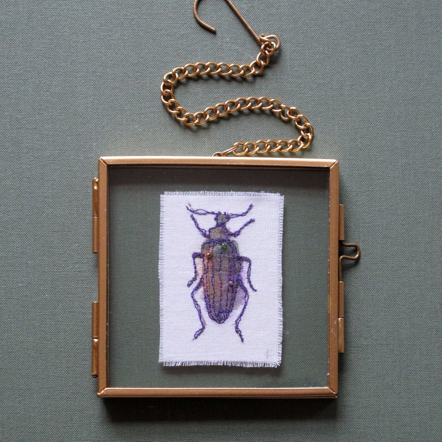 Embroidered Beetle in Metal and Glass Frame