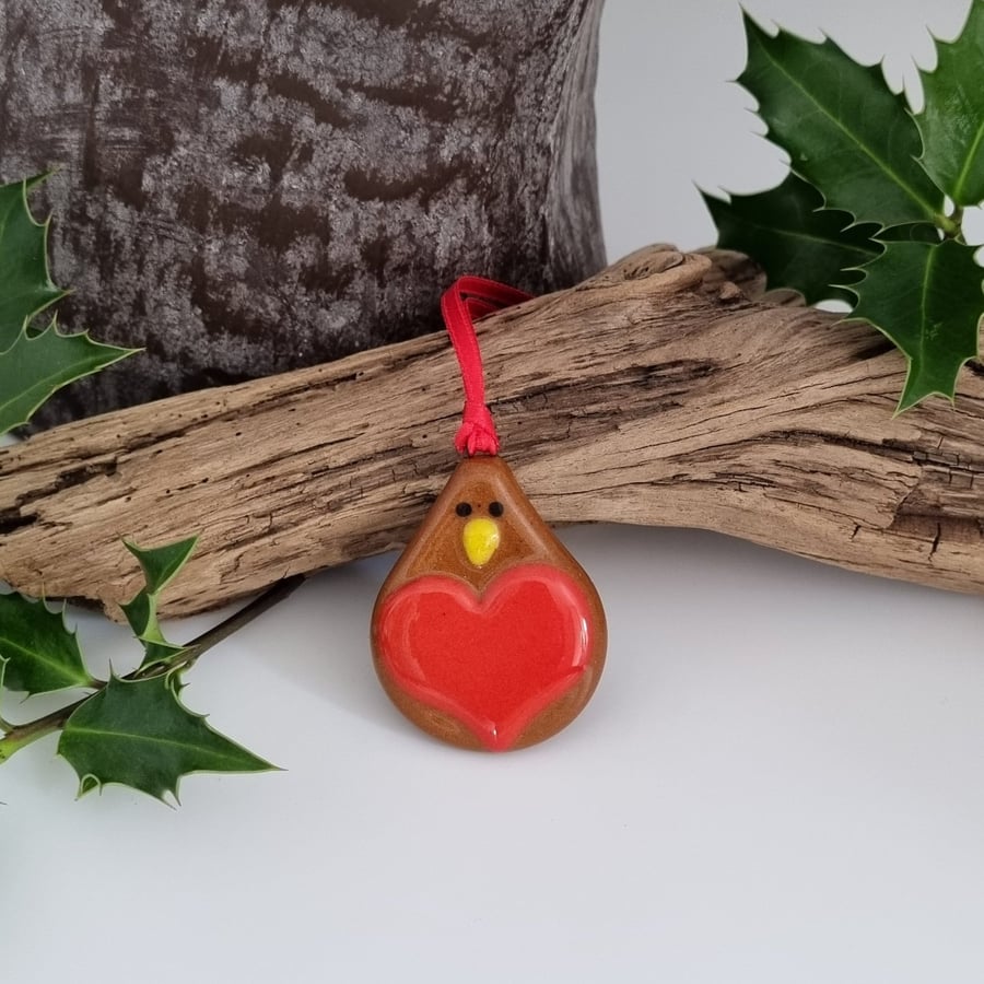 Fused Glass Robin with Red Ribbon