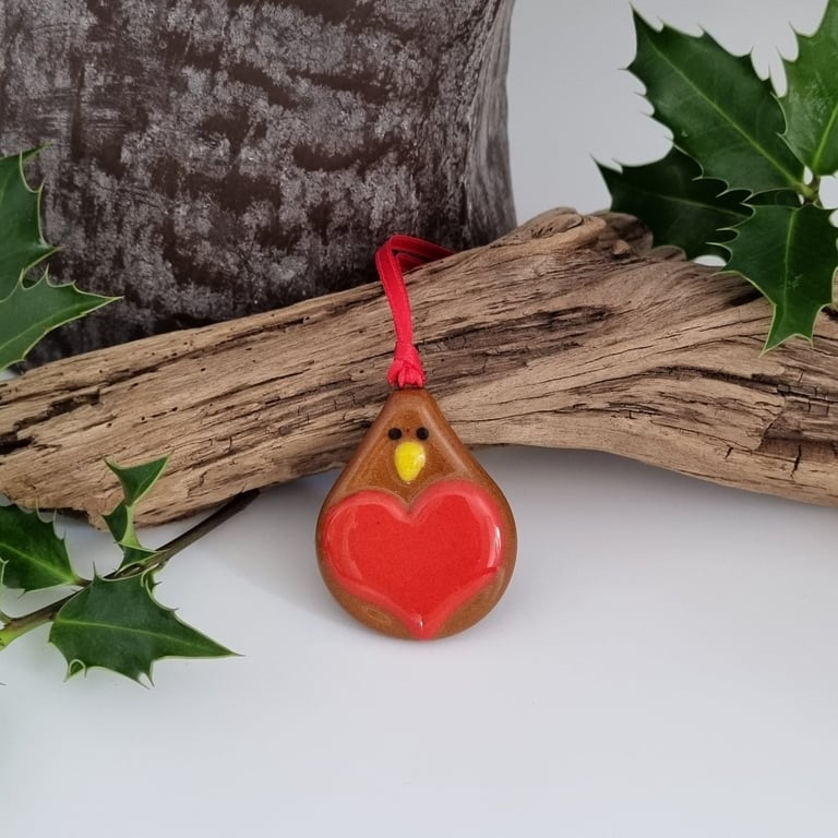 Fused Glass Robin with Red Ribbon