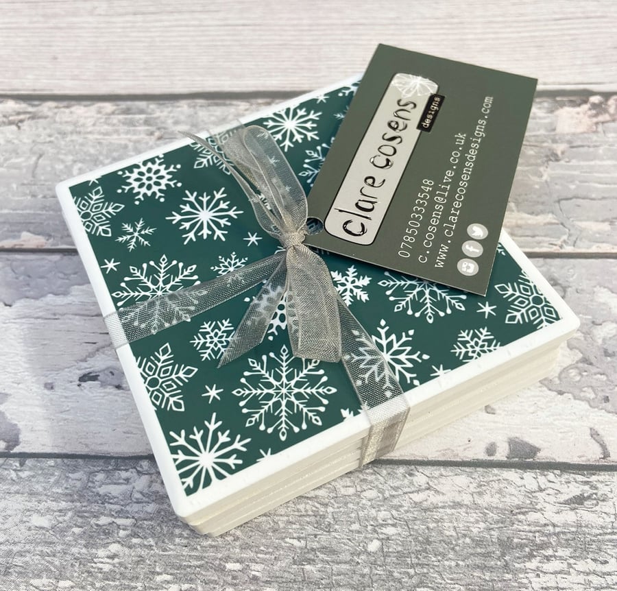 Set of Four Christmas Snowflake Ceramic Coasters in Green