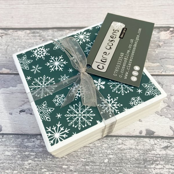 Set of Four Christmas Snowflake Ceramic Coasters in Green