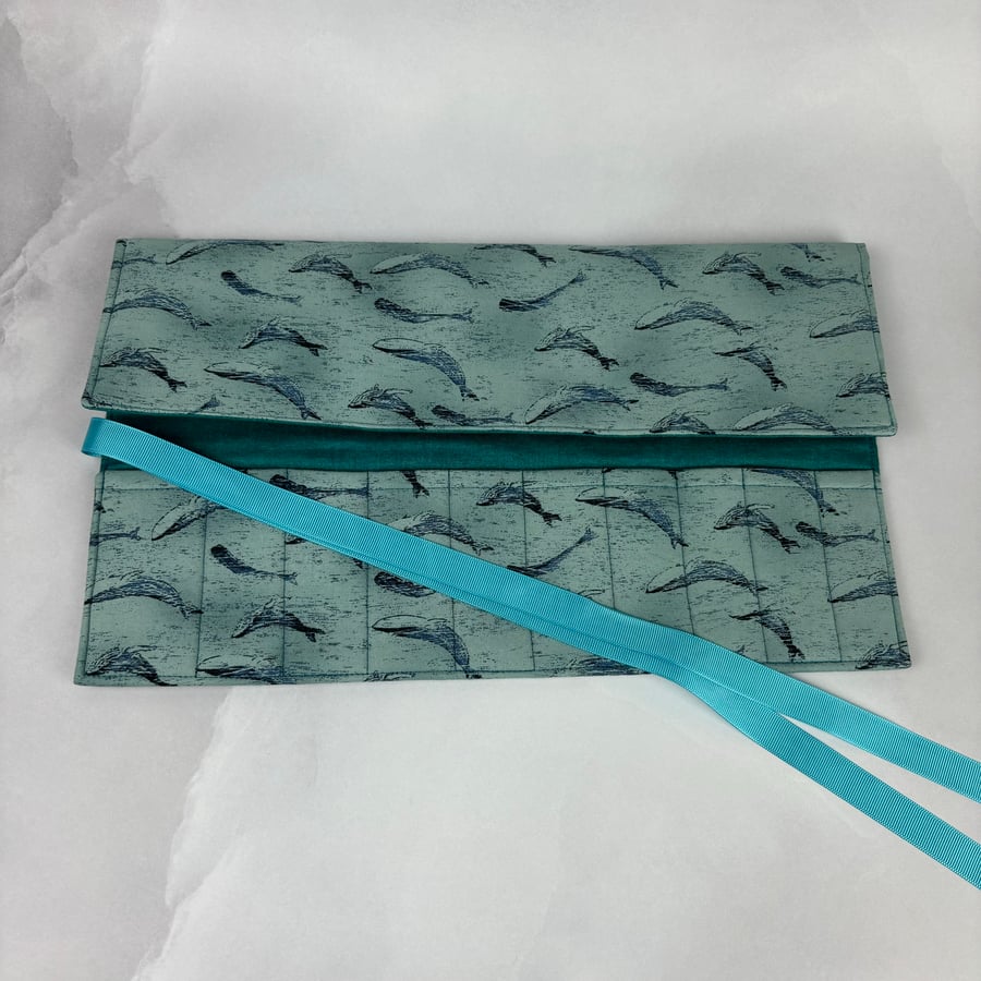 Whales brush roll, Whale pencil wrap, Tool roll, Handmade