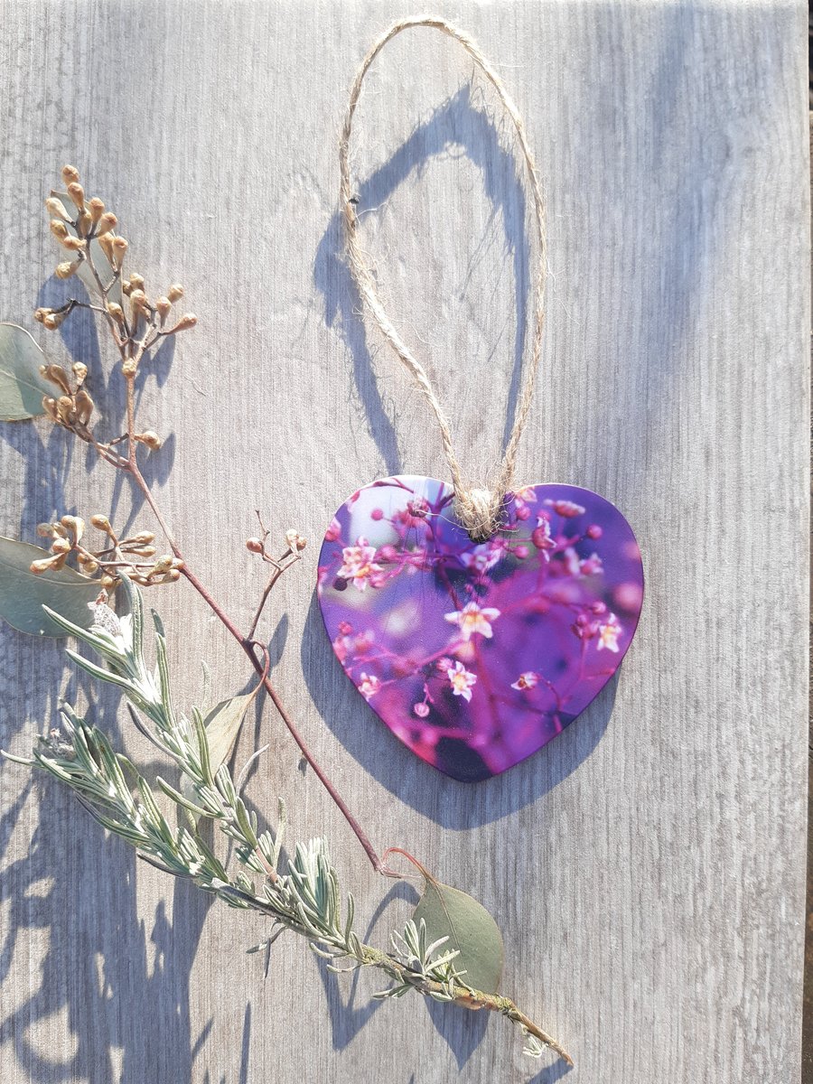 Hanging heart decoration - keepsake - letterbox gift - Purple floral print.