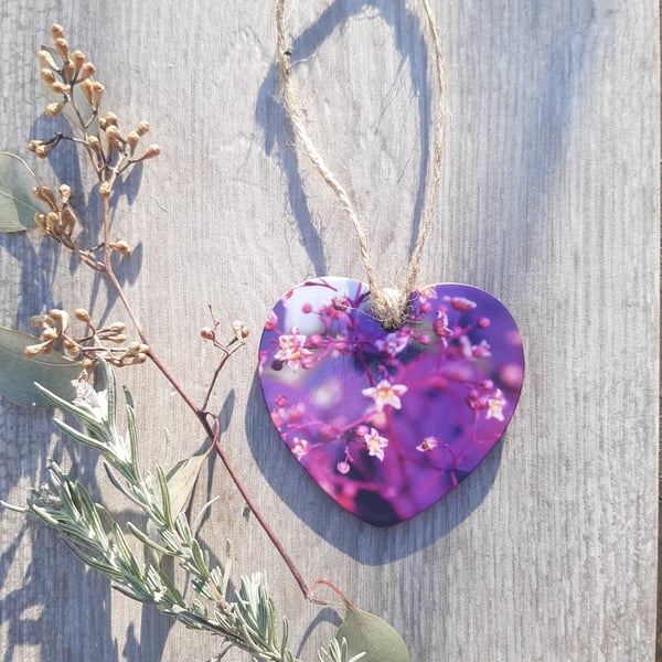 Hanging heart decoration - keepsake - letterbox gift - Purple floral print.