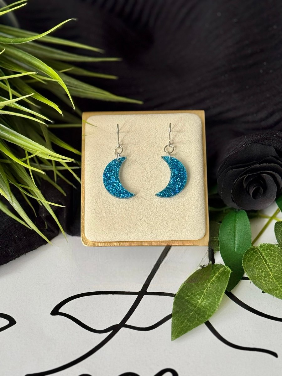 Crescent Moon light Blue Dangle Earrings