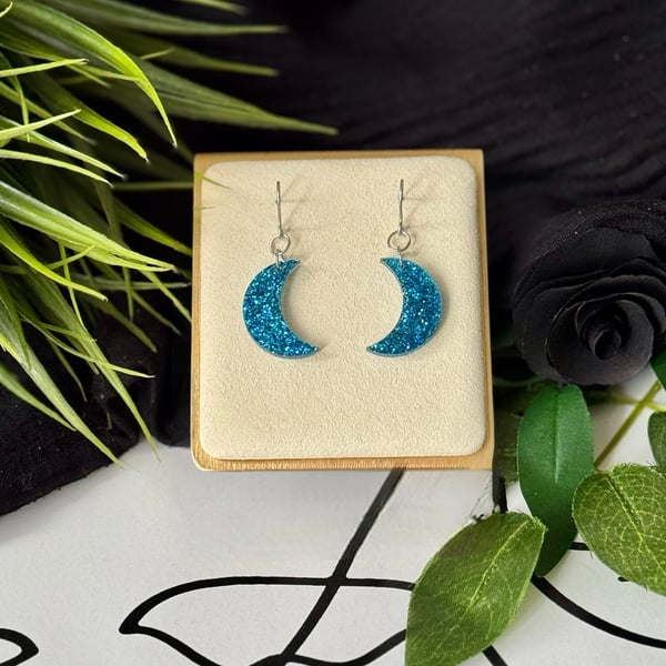 Crescent Moon light Blue Dangle Earrings