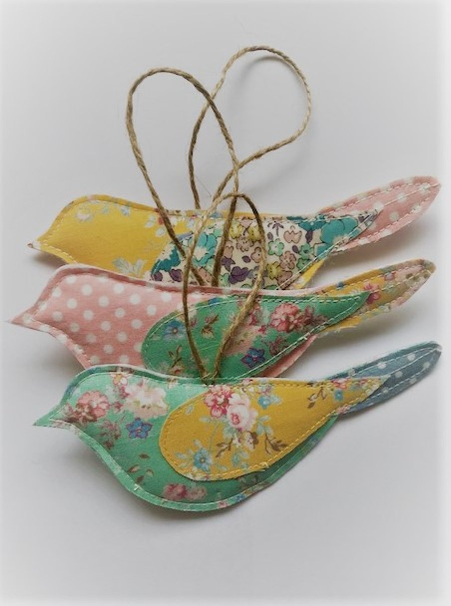 Recycled fabric bird trio in pink, yellow and green