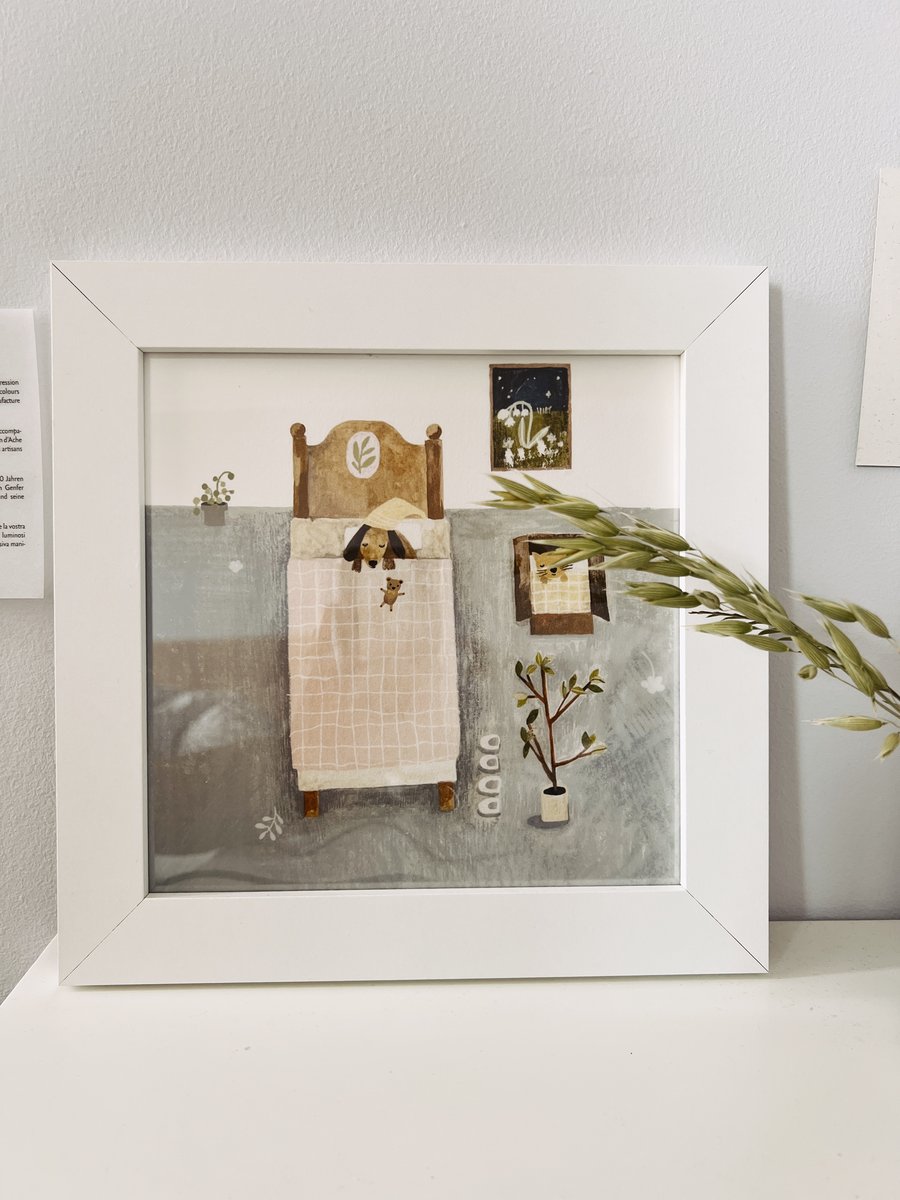 Seconds Sunday! Bedtime Dog and Cat 8" x 8" Giclee Print in White Wooden Frame  