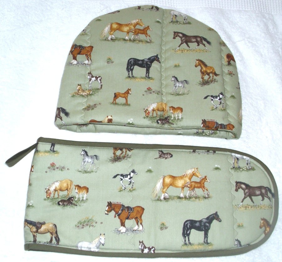 Horses and foals tea cosy and oven glove set