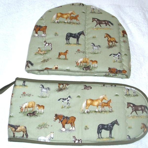 Horses and foals tea cosy and oven glove set