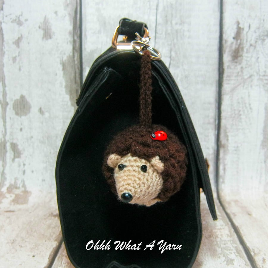 Crochet hedgehog hanging decoration, scissor keeper, pin cushion, bag charm.