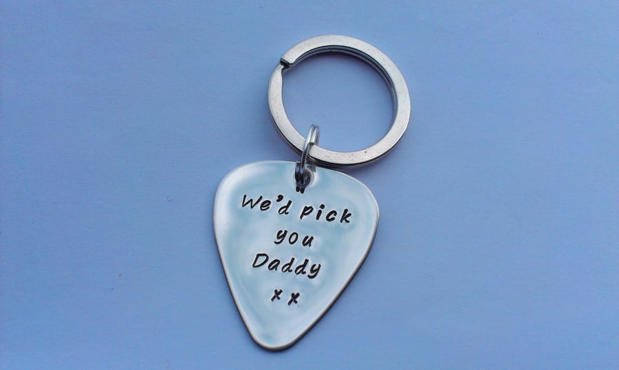 Hand stamped personalised stainless steel Guitar pick plectrum keyring
