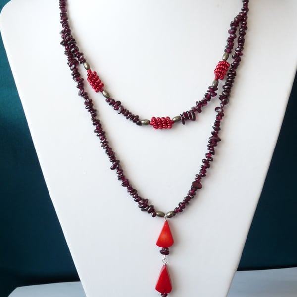 Garnet, Red Coral & Pyrite Necklace - Sterling Silver - Handmade 