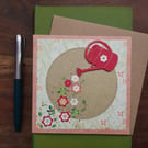 Whimsical, handmade blank card, keepsake with red watering can and flowers