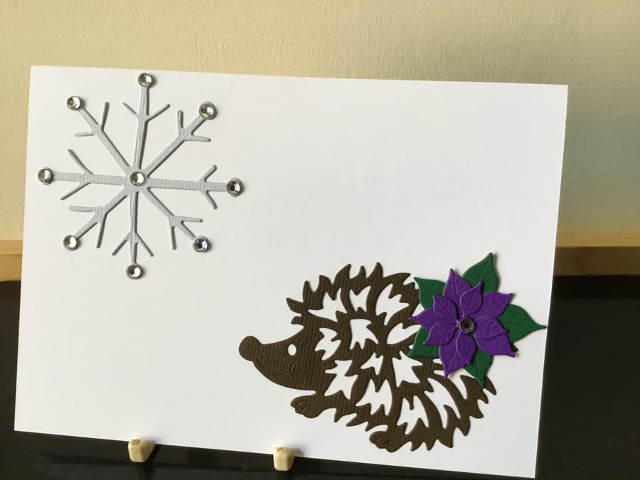 Hedgehog Christmas card. Poinsettia card. CC472