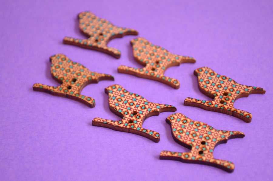 Wooden Bird Buttons Retro Blue Brown Cream 6pk 30x20mm (BD2)