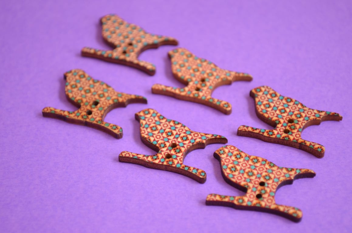 Wooden Bird Buttons Retro Blue Brown Cream 6pk 30x20mm (BD2)