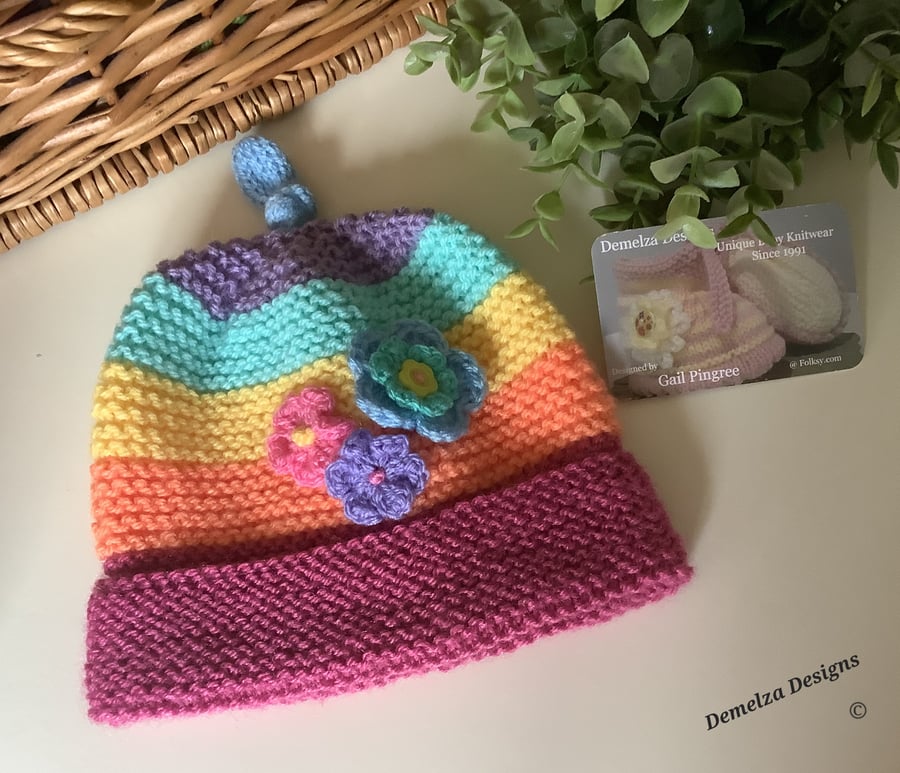Girl's Knitted Rainbow Flower Hat 1 - 2 Years Size