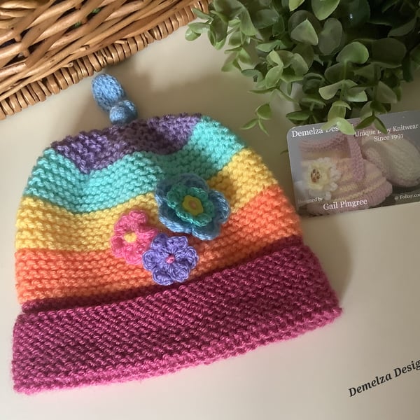 Girl's Knitted Rainbow Flower Hat 1 - 2 Years Size