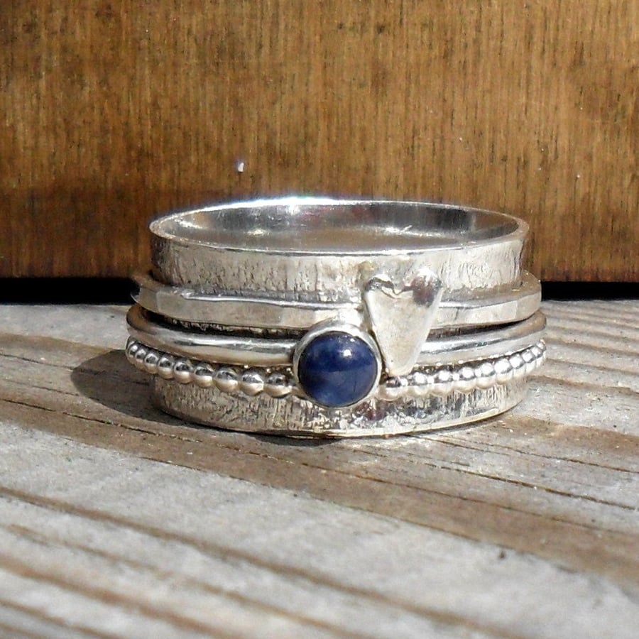 Sterling Silver Sapphire & Heart 3 Spinner Ring