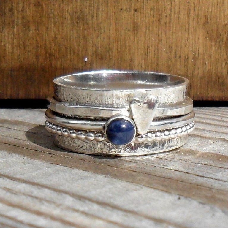 Sterling Silver Sapphire & Heart 3 Spinner Ring
