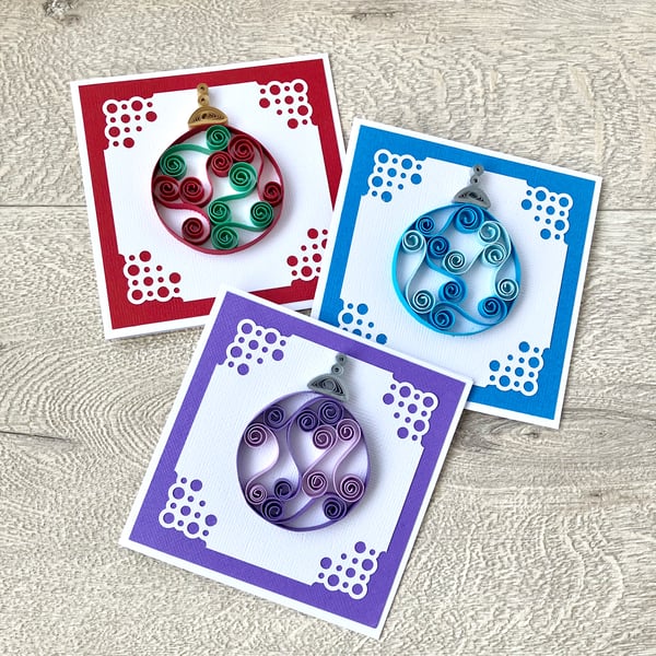 Set of 3 Christmas cards - quilled baubles, choice of colours