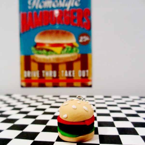 Retro Cheeseburger Keyring OR necklace quirky, fun, unique, handmade, novel