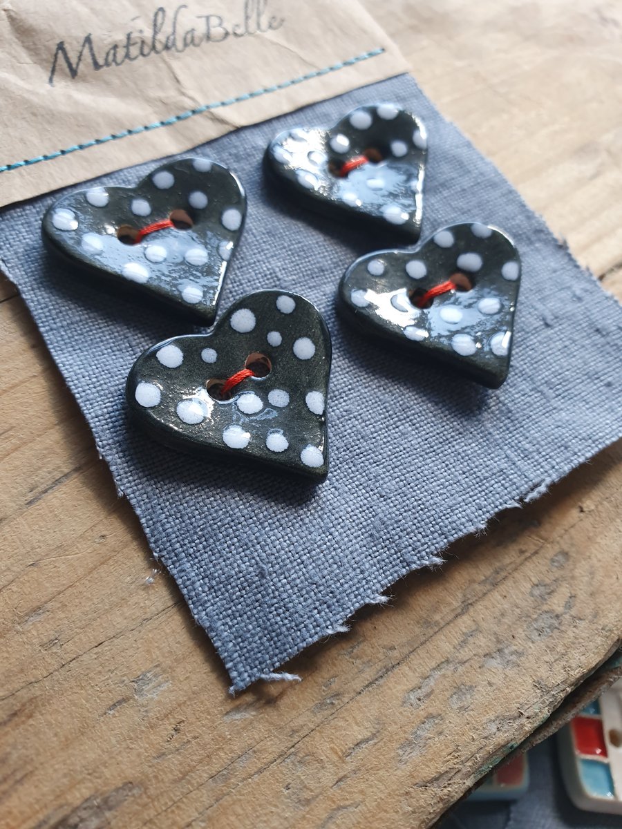 Set of Four Black Polka Dot Heart Buttons