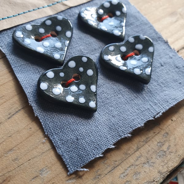 Set of Four Black Polka Dot Heart Buttons