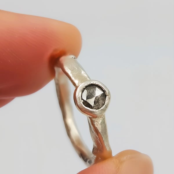 Handmade Salt & Pepper Rose Cut Diamond Ring - Size K