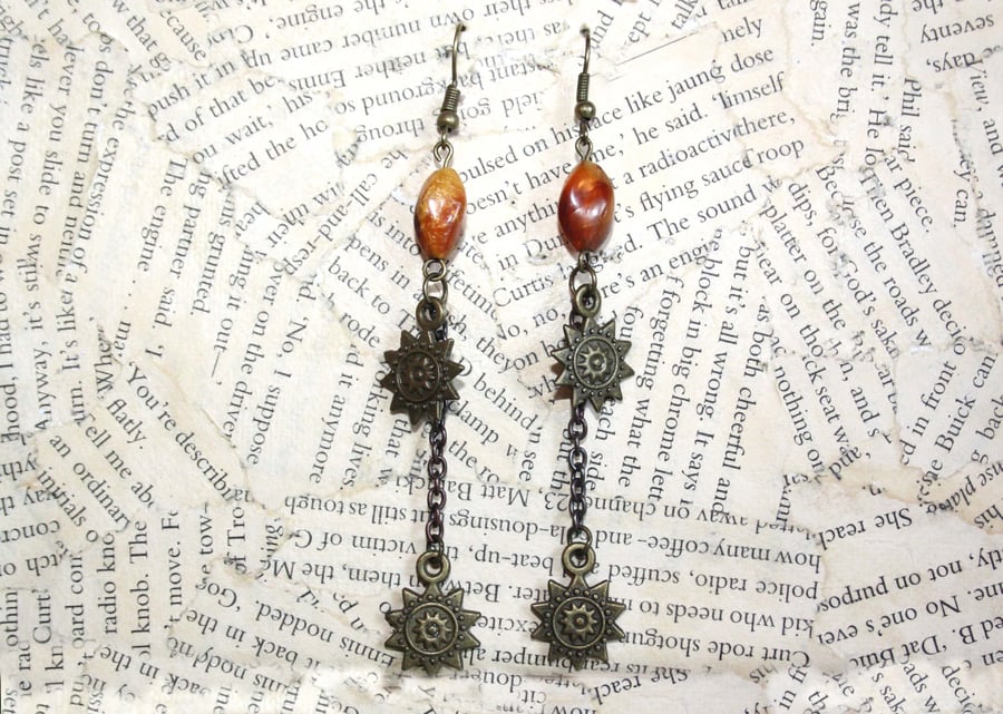 Antique Gold Tone Sun Star Amber Bead Dangle Hook Earrings