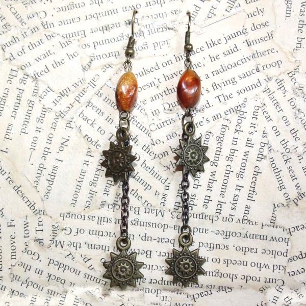 Antique Gold Tone Sun Star Amber Bead Dangle Hook Earrings