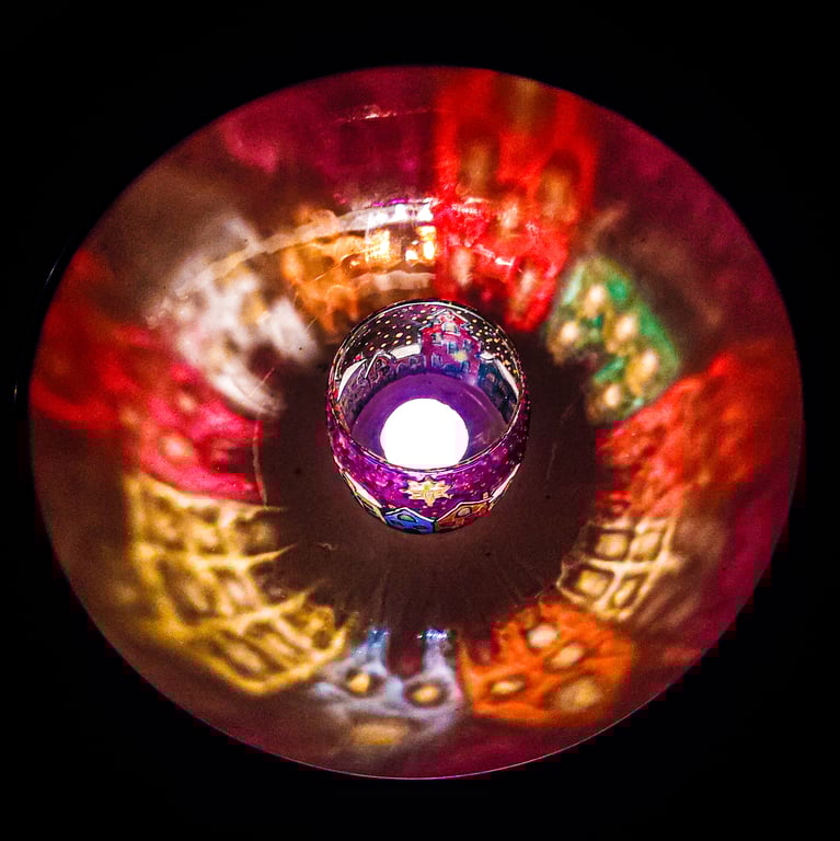 Stained glass effect handmade painted candleholder with Christmas winter town