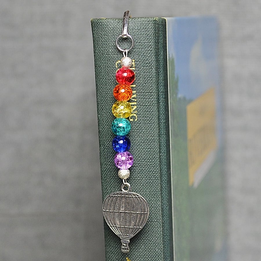 Patterned Metal Bookmark with Rainbow Crackle Glass and Hot Air Balloon Charm