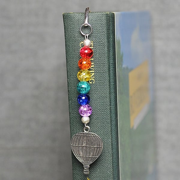 Patterned Metal Bookmark with Rainbow Crackle Glass and Hot Air Balloon Charm