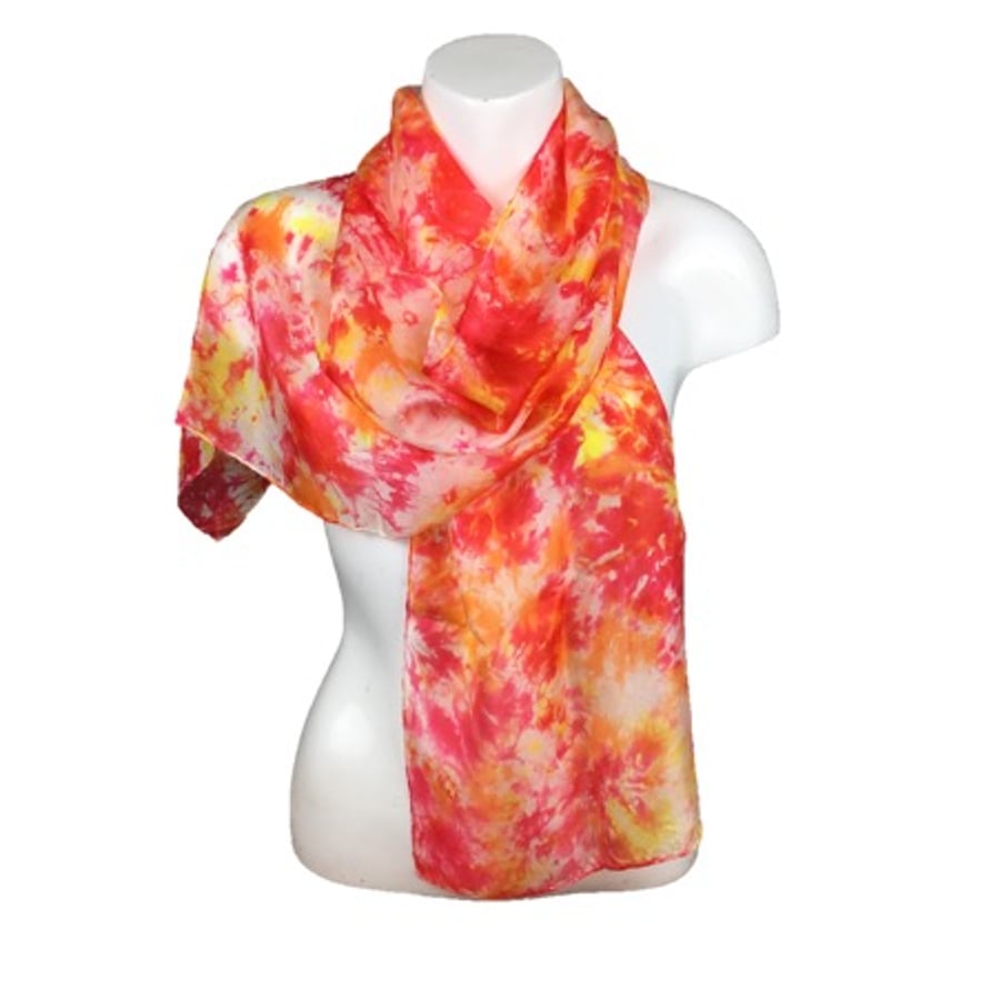 Hand made silk scarf, hand dyed in orange, yellow and red colours